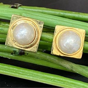 Vintage Signed LES BERNARD Designer Pearl Gold-tone Square Statement Earrings